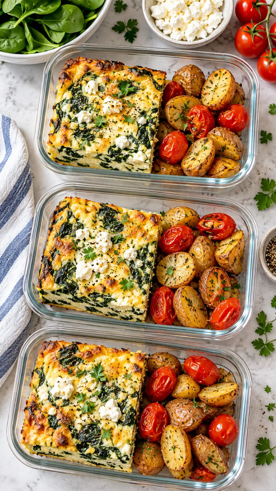 Natural food photography of spinach feta cottage cheese egg bake slices in glass meal prep containers with roasted baby potatoes and cherry tomatoes, bright fresh breakfast scene, overhead angle