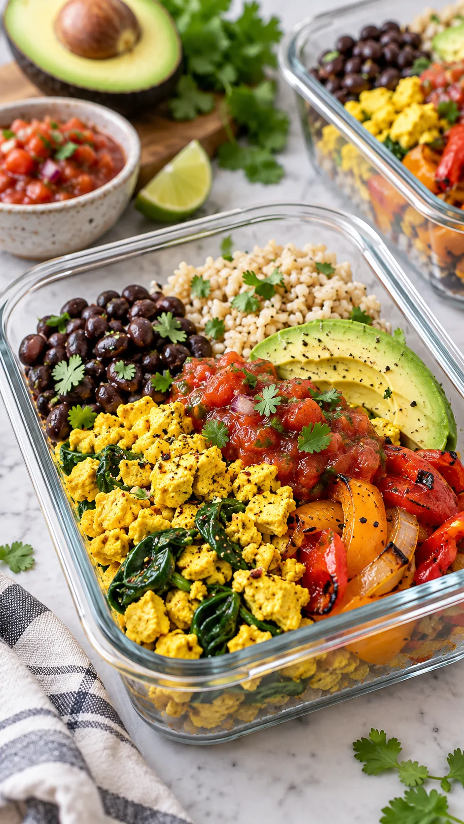 Colorful plant-based tofu scramble breakfast meal prep bowl with black beans, brown rice, spinach, roasted bell peppers, avocado and salsa in a clear glass container, realistic editorial food photography, soft daylight