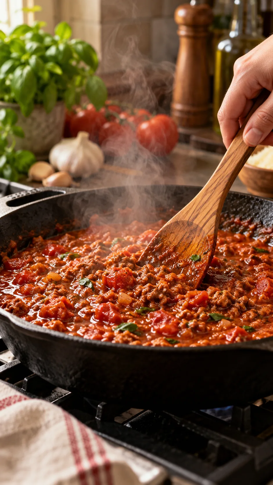 A hand holding a wooden spatula, gently reheating a rich pasta sauce in a cast iron skillet with steam rising softly