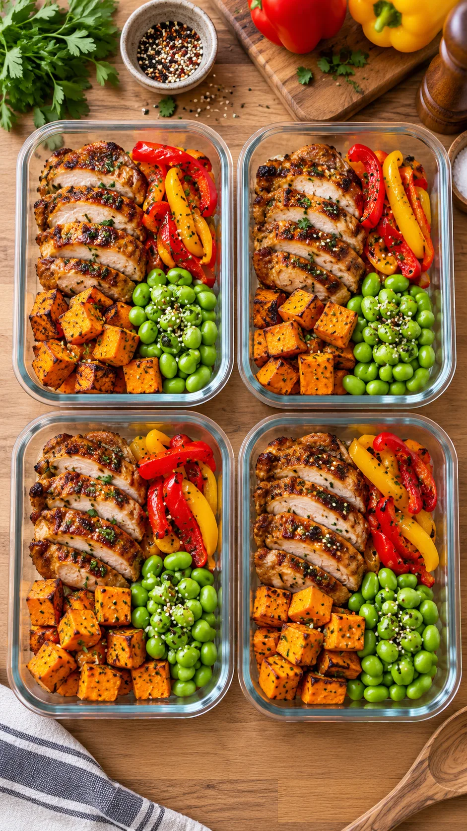 Overhead aesthetic shot of four clear glass meal prep containers filled with colorful high protein food: sliced juicy marinated chicken thigh, roasted sweet potato cubes, crisp edamame, and vibrant roasted bell peppers, on a clean wooden countertop with kitchen utensils in background.