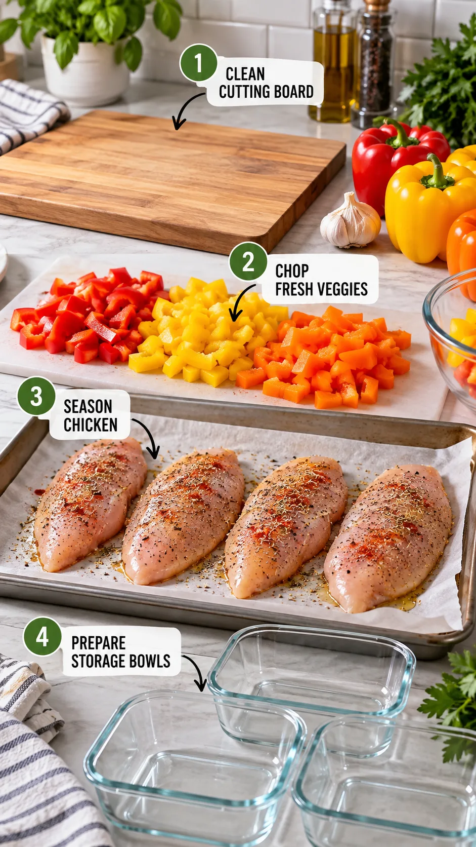 Step by step kitchen counter setup showing a clean cutting board, fresh chopped bell peppers, raw seasoned chicken breasts on parchment lined baking sheet, and glass storage bowls ready for assembly.