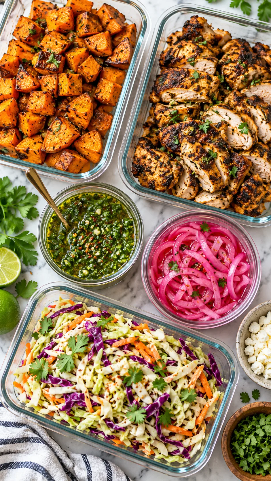 Overhead aesthetic shot of vibrant meal prep ingredients arranged buffet-style in clean glass containers: roasted sweet potatoes, spiced chicken thighs, bright chimichurri sauce, pickled onions, and crisp cabbage slaw on a bright kitchen counter