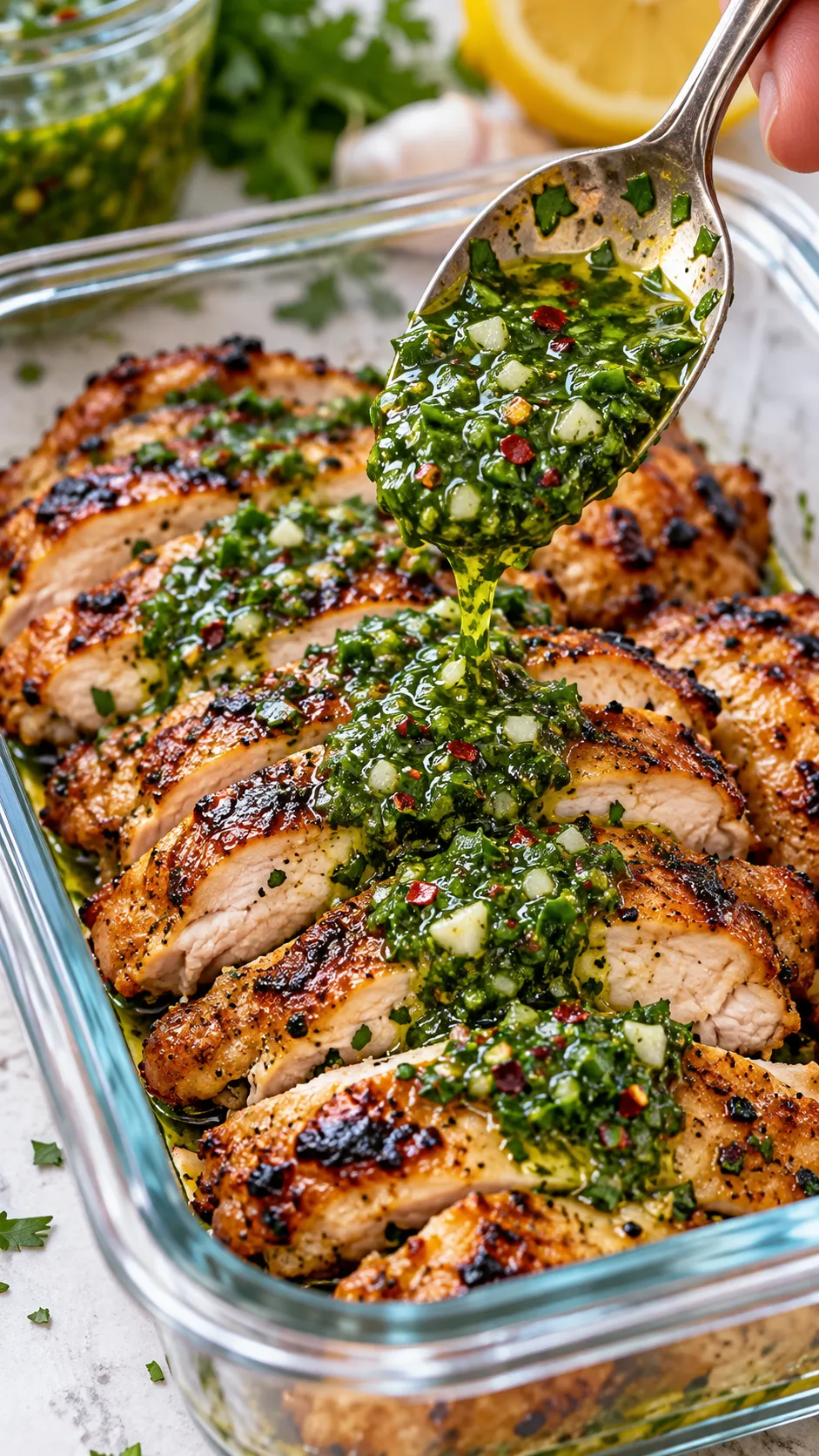 Close up of a hand spooning bright green herbal chimichurri over grilled sliced chicken thighs resting inside a clean glass container