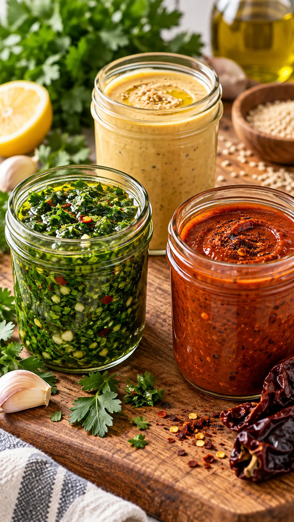 Three small clear glass mason jars filled with fresh sauces: vibrant green chimichurri, creamy golden tahini sauce, and smoky red chipotle sauce on a wooden cutting board