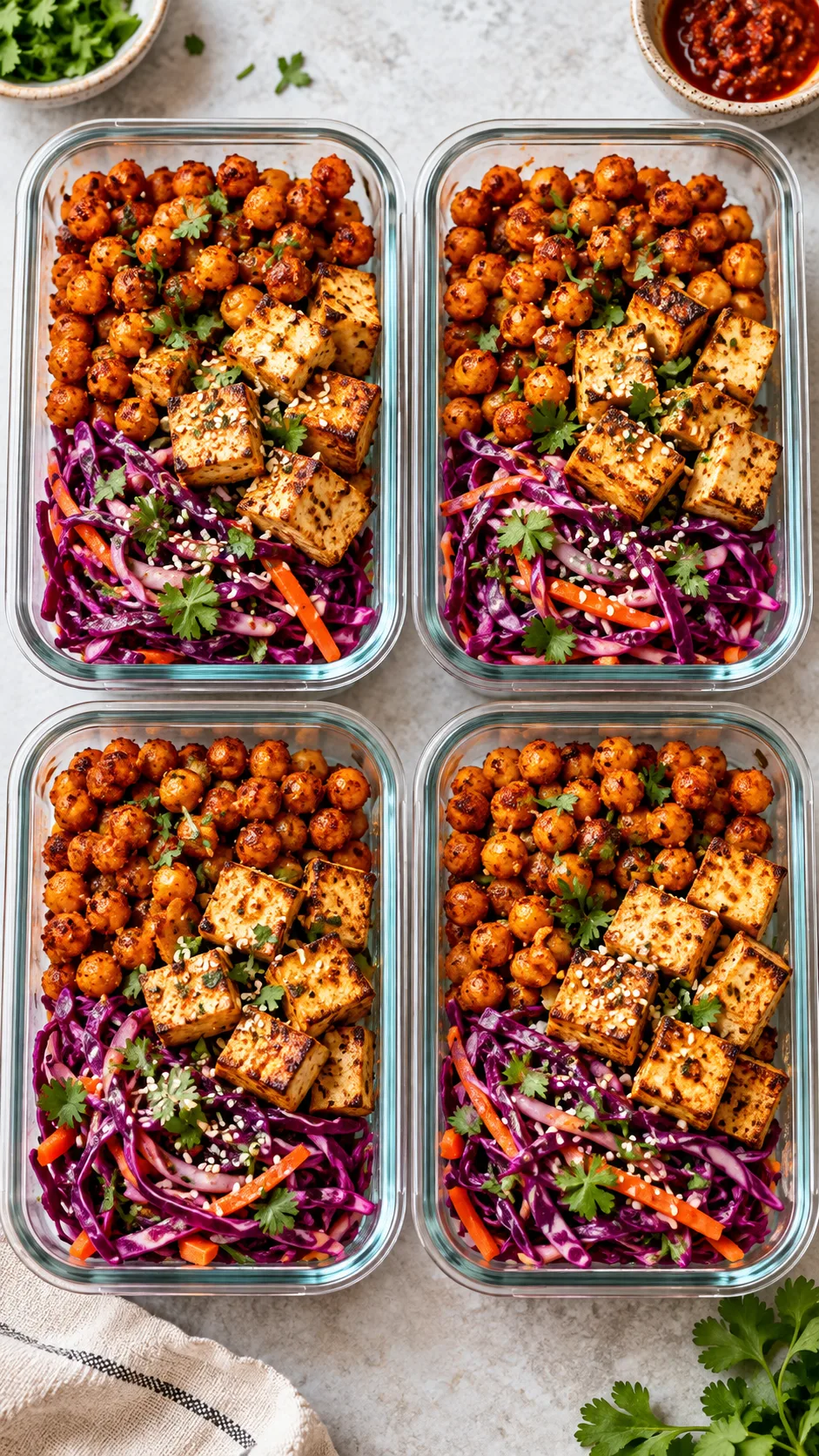A set of four glass meal prep containers arranged neatly, each displaying roasted harissa chickpeas, baked tofu, and vibrant purple slaw