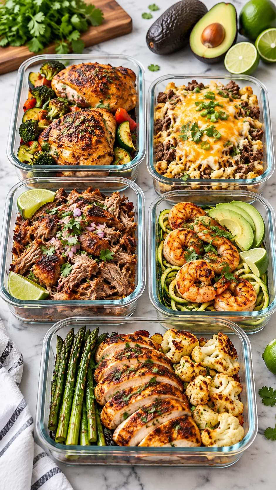 Five neatly arranged glass meal prep containers filled with vibrant keto dinners like roasted chicken thighs, cheesy cauliflower rice ground beef skillet, and carnitas on a clean marble kitchen counter next to fresh avocados and limes, bright professional culinary photography