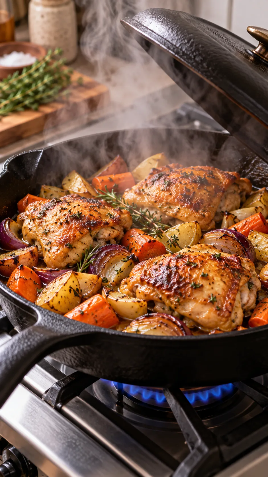 A cast iron skillet on a gas range with roasted chicken thighs and vegetables being gently reheated with steam rising under an open lid