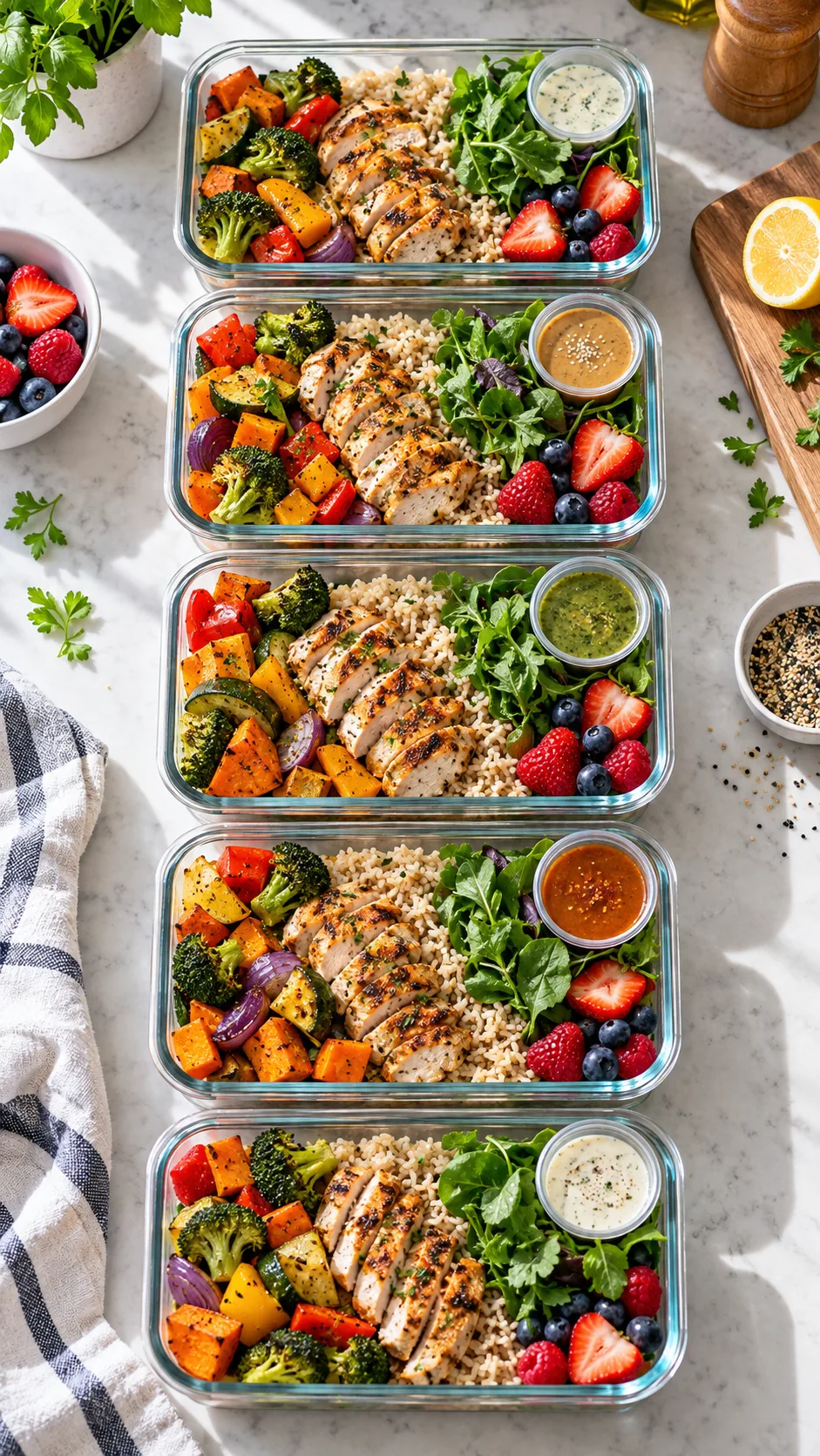 Bright realistic overhead food photography of five calorie deficit meal prep containers lined up on a kitchen counter, each with grilled chicken, roasted vegetables, brown rice, fresh greens, berries, and small sauce containers, natural morning light, practical healthy meal prep aesthetic