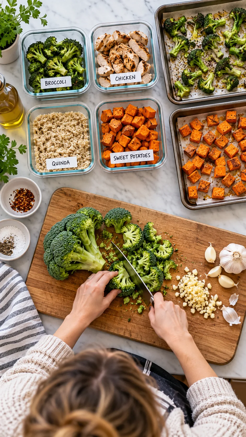 A home cook chopping fresh broccoli and garlic on a wooden cutting board with labeled glass meal prep containers and sheet pans arranged systematically on the counter, overhead angle, natural lighting