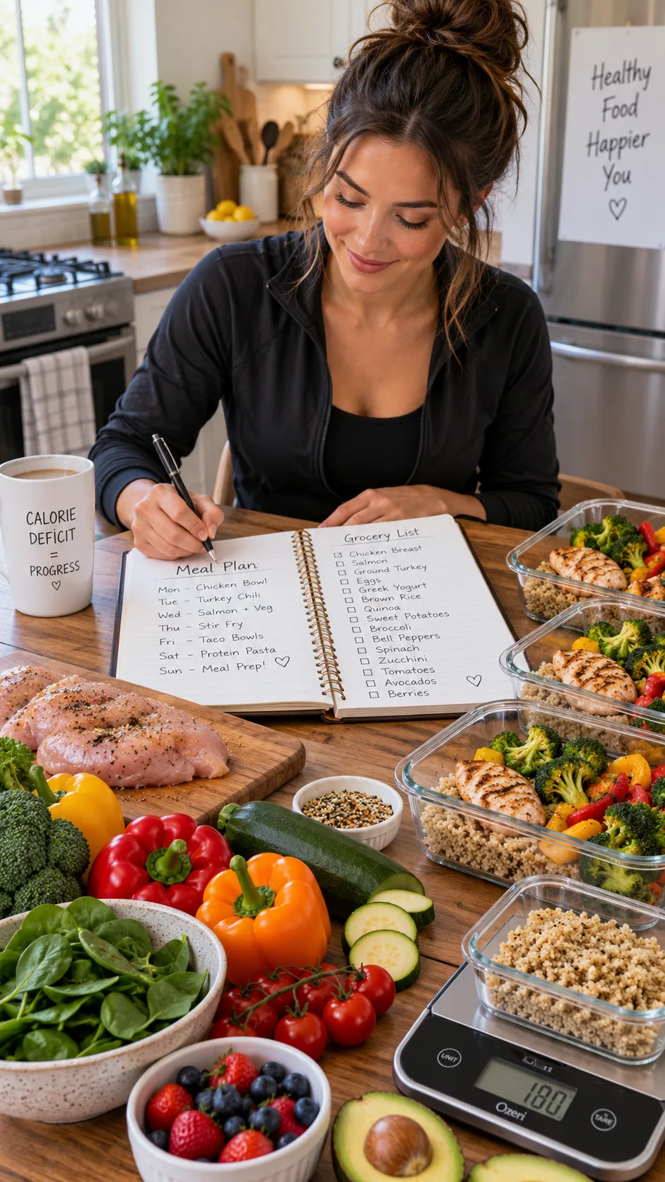Realistic lifestyle photography of a person planning healthy calorie deficit meals at a wooden kitchen table, open notebook with grocery list and meal containers, digital kitchen scale, colorful vegetables, lean protein, relaxed organized Sunday meal prep scene