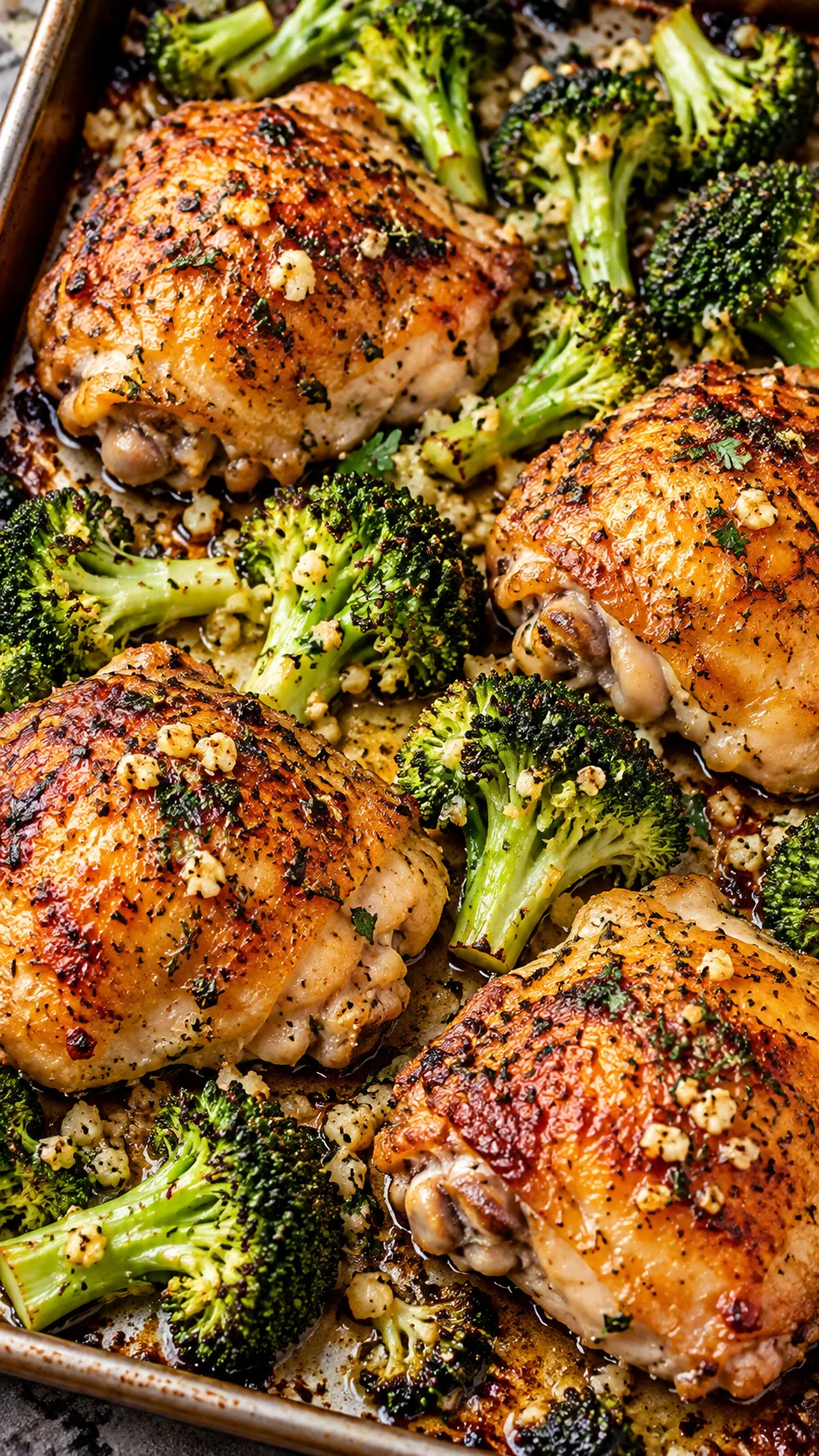 Crispy golden-brown bone-in chicken thighs roasted with vibrant green broccoli florets tossed in rich garlic butter on a baking sheet, high-detail food photography