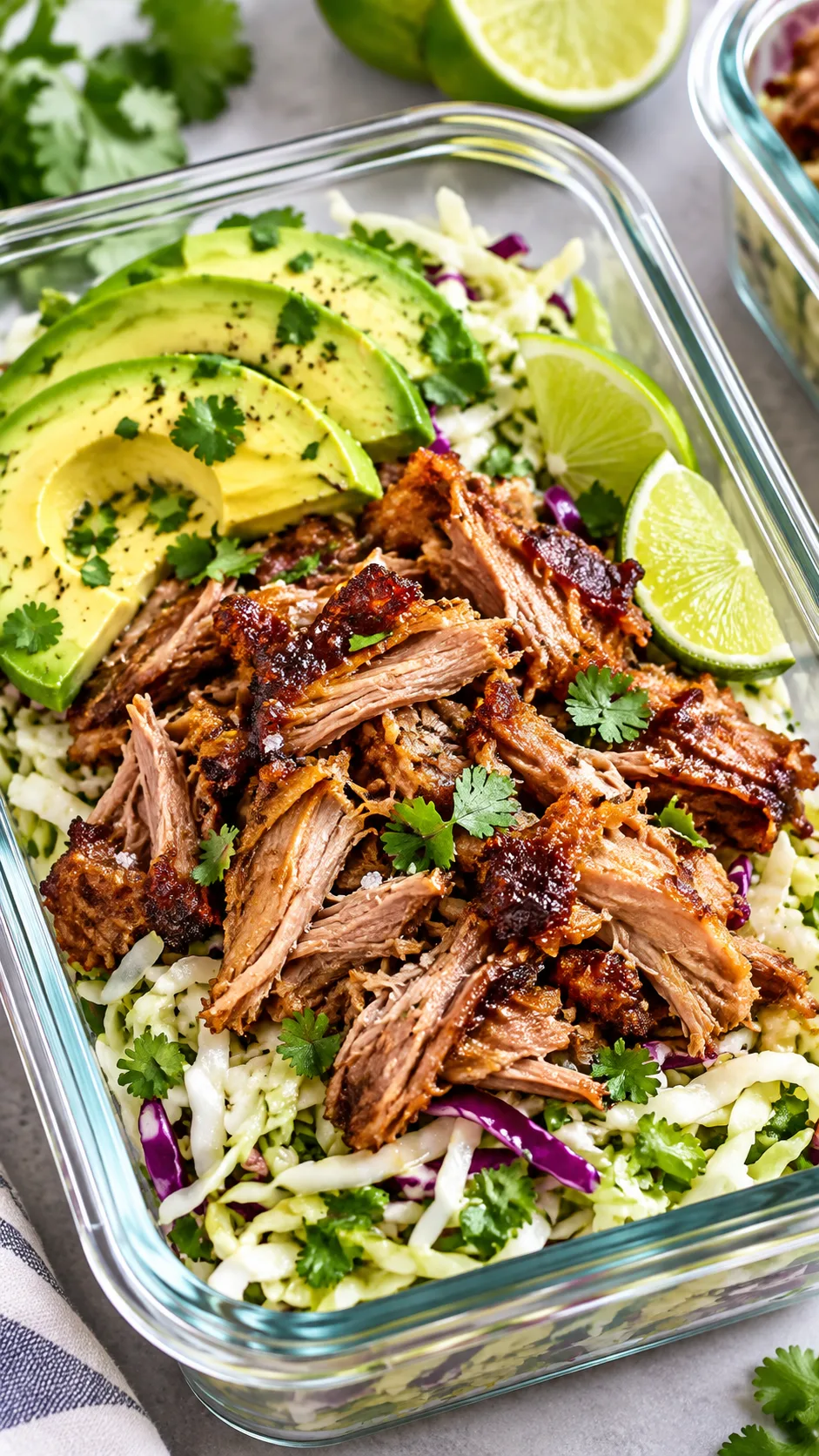 Tender shredded Mexican pork carnitas served over a crisp lime-cilantro cabbage slaw with avocado slices in a glass meal prep container, macro food photo