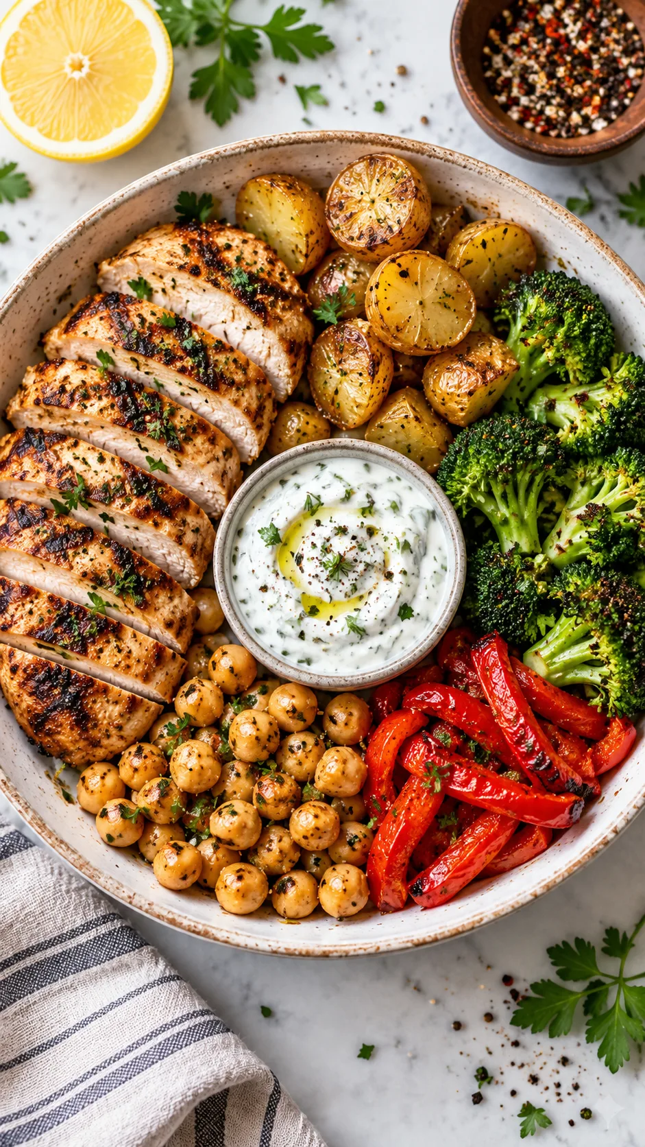 Detailed realistic food photography of a balanced calorie deficit meal prep bowl with sliced grilled chicken, roasted baby potatoes, broccoli, red peppers, chickpeas, and a small container of creamy yogurt herb sauce, overhead composition, bright natural light