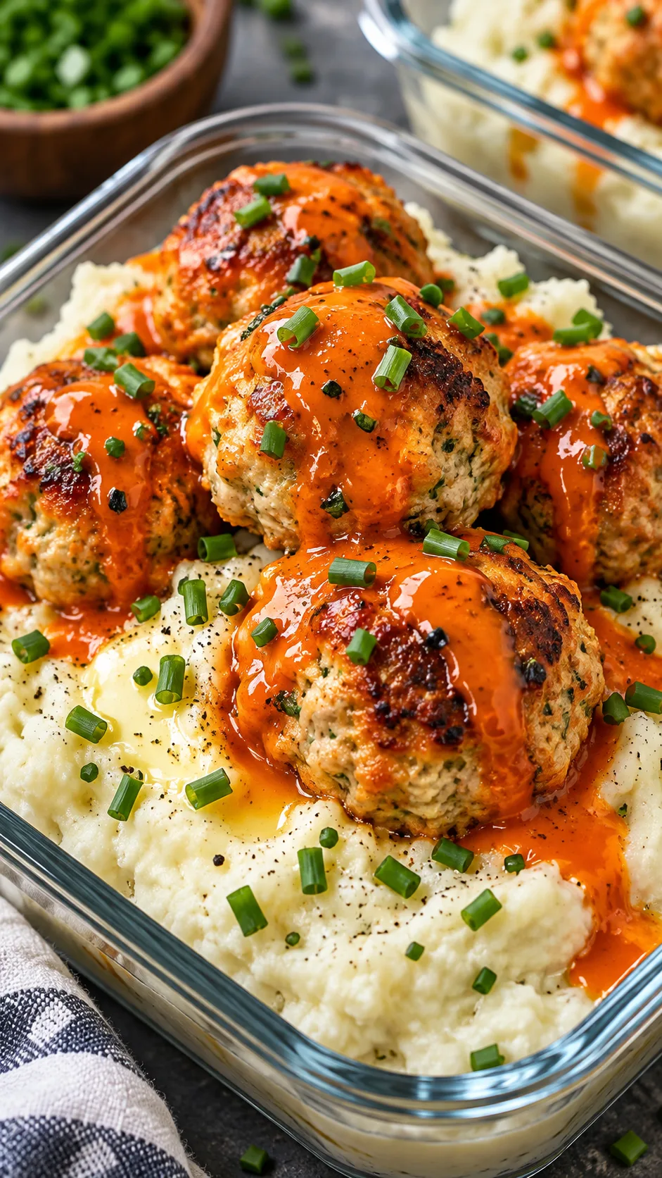 Plump baked buffalo turkey meatballs drizzled with spicy buffalo sauce resting over a mountain of buttery, chive-topped mashed cauliflower in a meal prep bowl