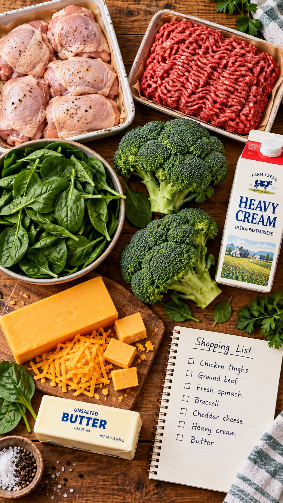 A flat lay arrangement of grocery items on a wooden kitchen table including chicken thighs, ground beef, fresh spinach, broccoli heads, blocks of cheddar cheese, heavy cream, and butter with a paper shopping list