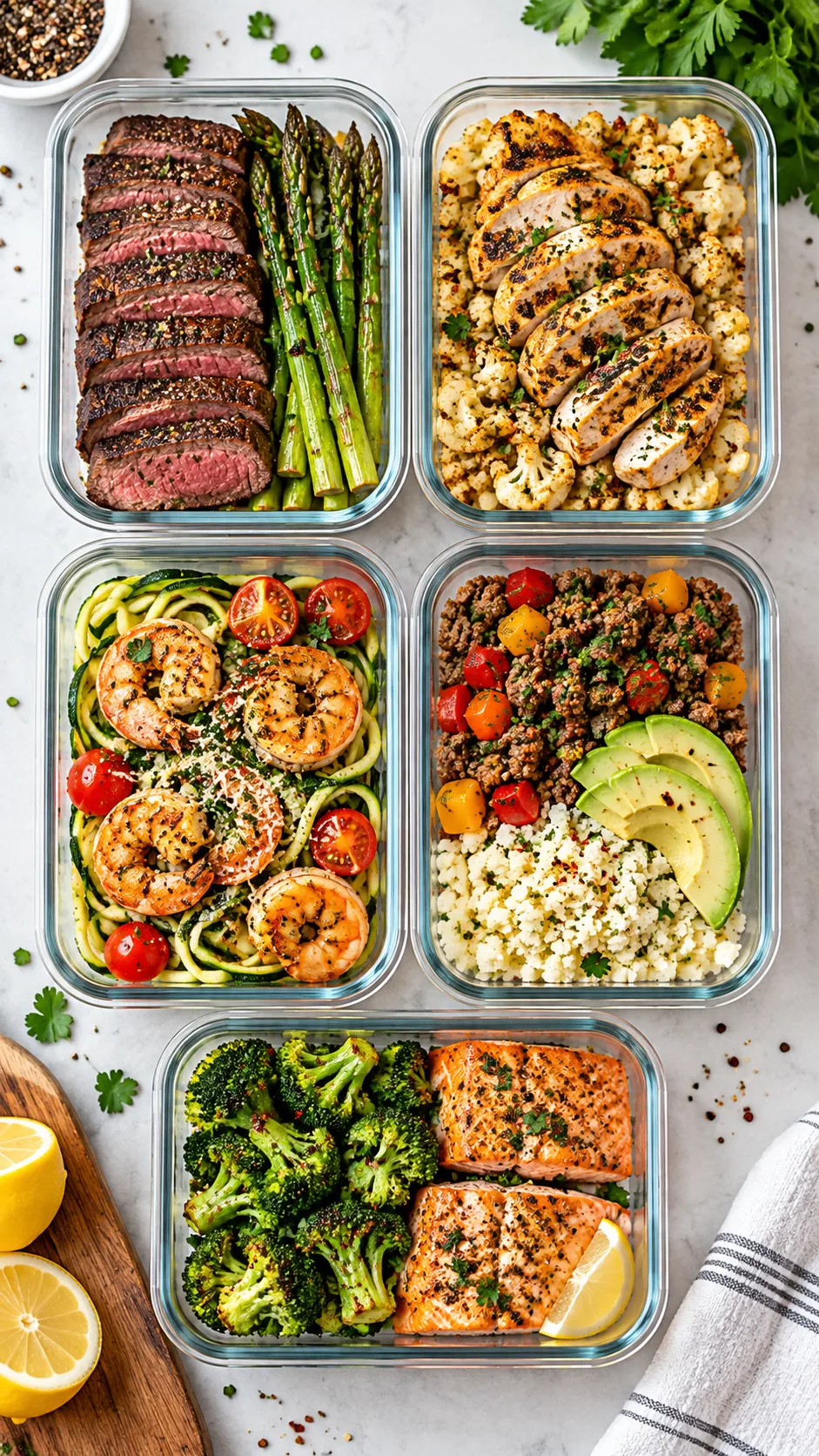 Overhead shot of five meal prep glass containers filled with colorful high protein low carb meals like grilled steak asparagus and spiced chicken cauliflower on a clean kitchen counter