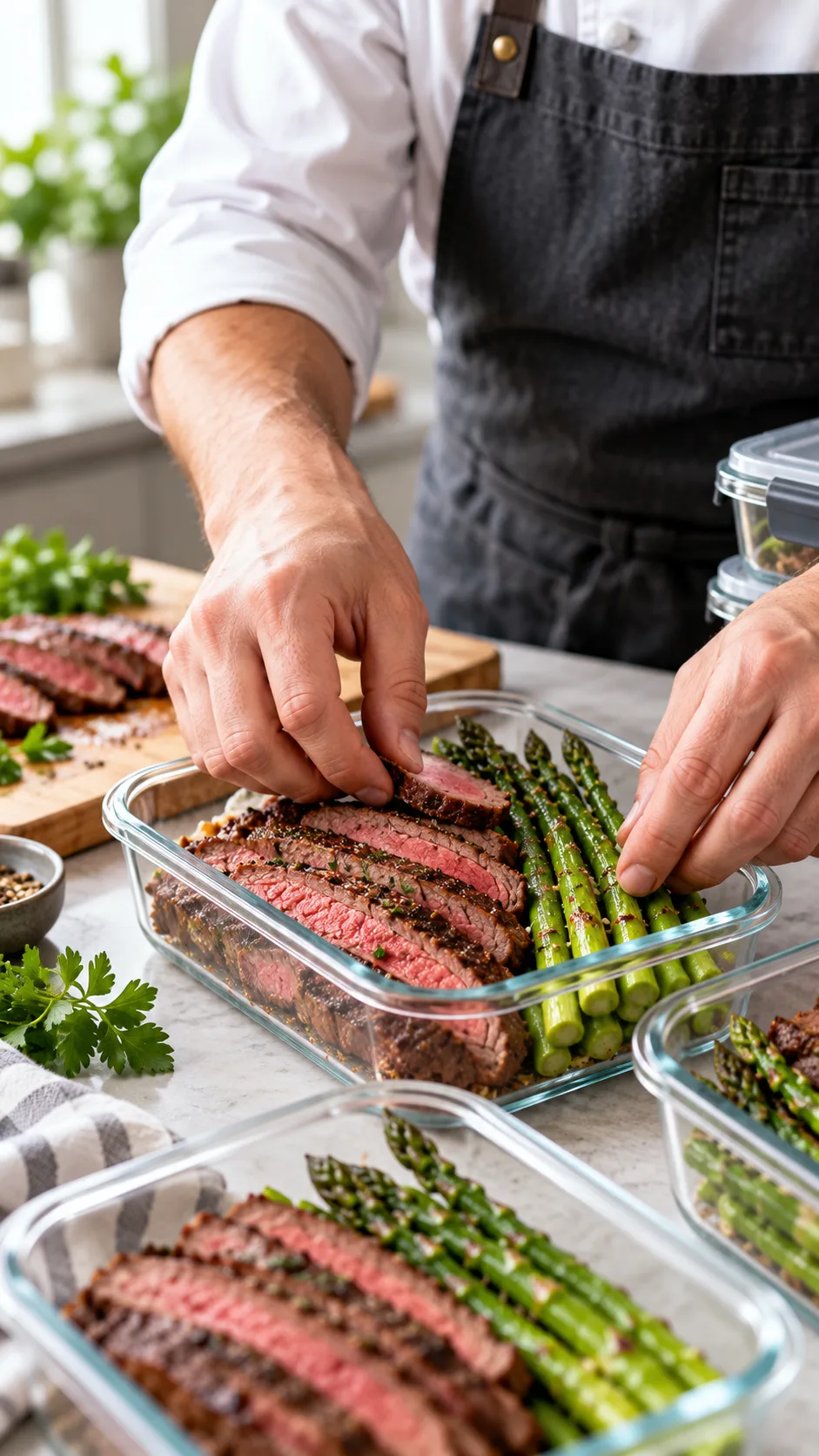 A chef arranging freshly sliced flank steak and crisp asparagus spears into modern glass storage containers, close-up with soft natural lighting