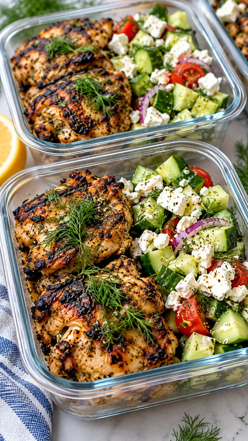 Charred Greek chicken thighs topped with fresh dill alongside diced cucumber salad with feta cheese in meal prep containers
