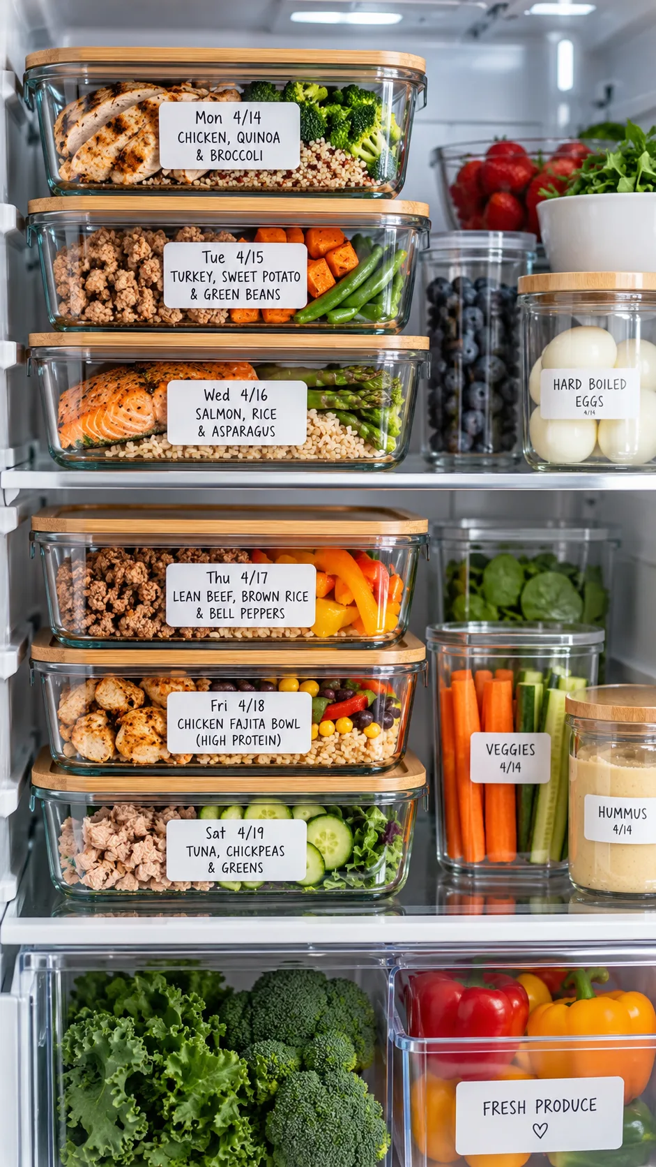 Glass meal prep containers stacked neatly in a clean, modern refrigerator, labeled with dates and high-protein contents