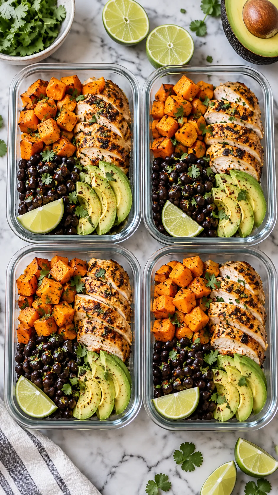 Overhead aesthetic shot of four glass meal prep containers filled with vibrant, colorful balanced lunches: roasted sweet potatoes, spiced grilled chicken breast, black beans, crisp avocado slices, and lime wedges on a clean marble kitchen counter.