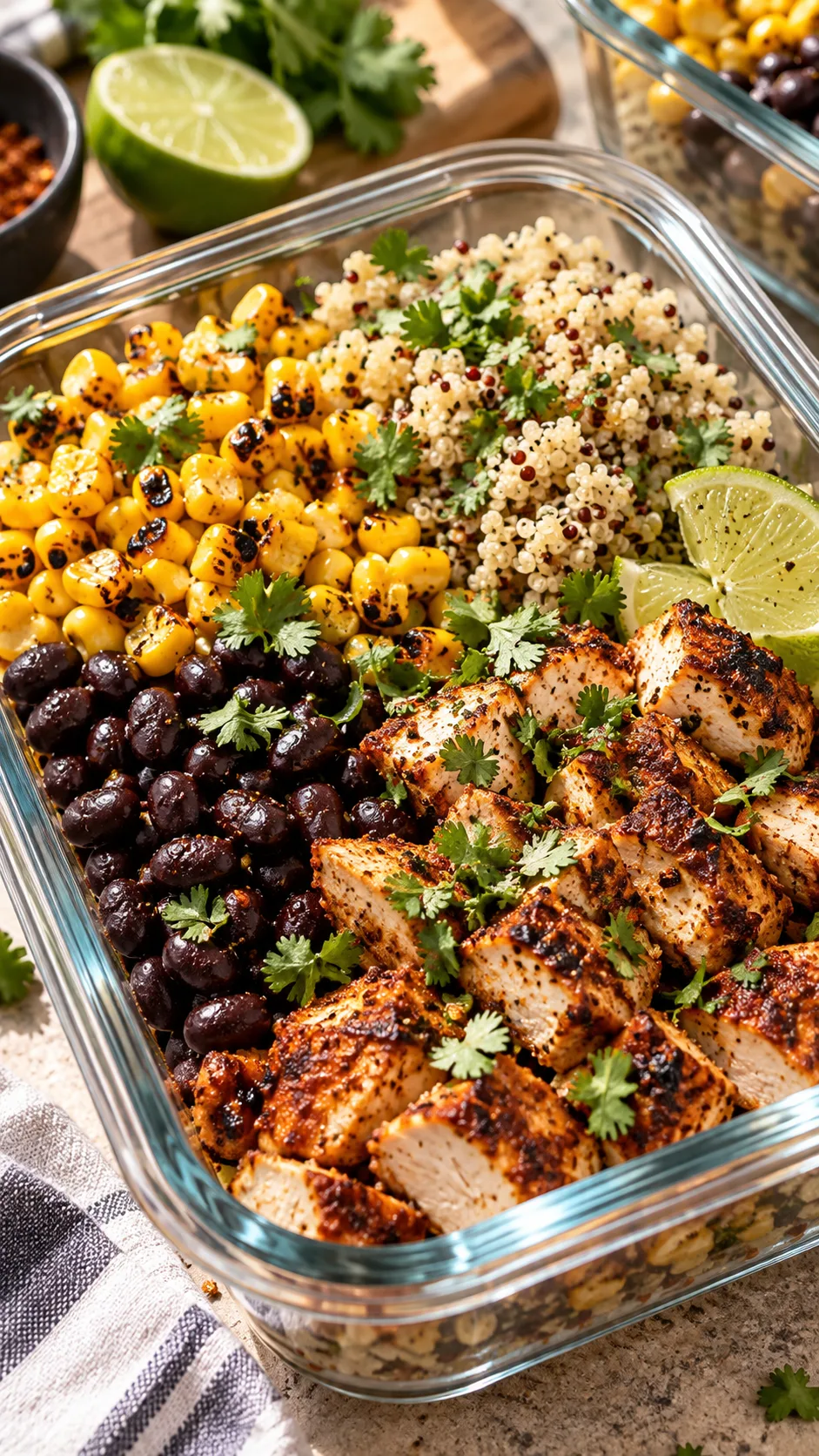 Close up of a chipotle lime chicken meal prep bowl inside a glass container, showing charred corn, black beans, diced seasoned chicken breast, fluffy quinoa, and chopped cilantro, shot in warm natural kitchen light.