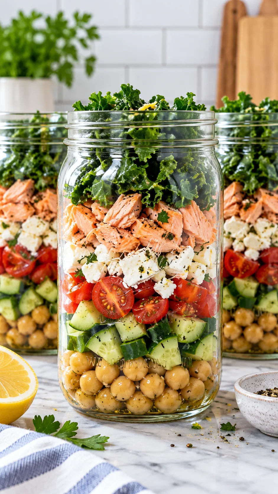 A row of clean 32-ounce glass mason jars packed with a colorful layered Mediterranean salad: chickpeas at the bottom, diced cucumbers, tomatoes, feta, flaked salmon, and dark green kale at the top against a bright kitchen background.