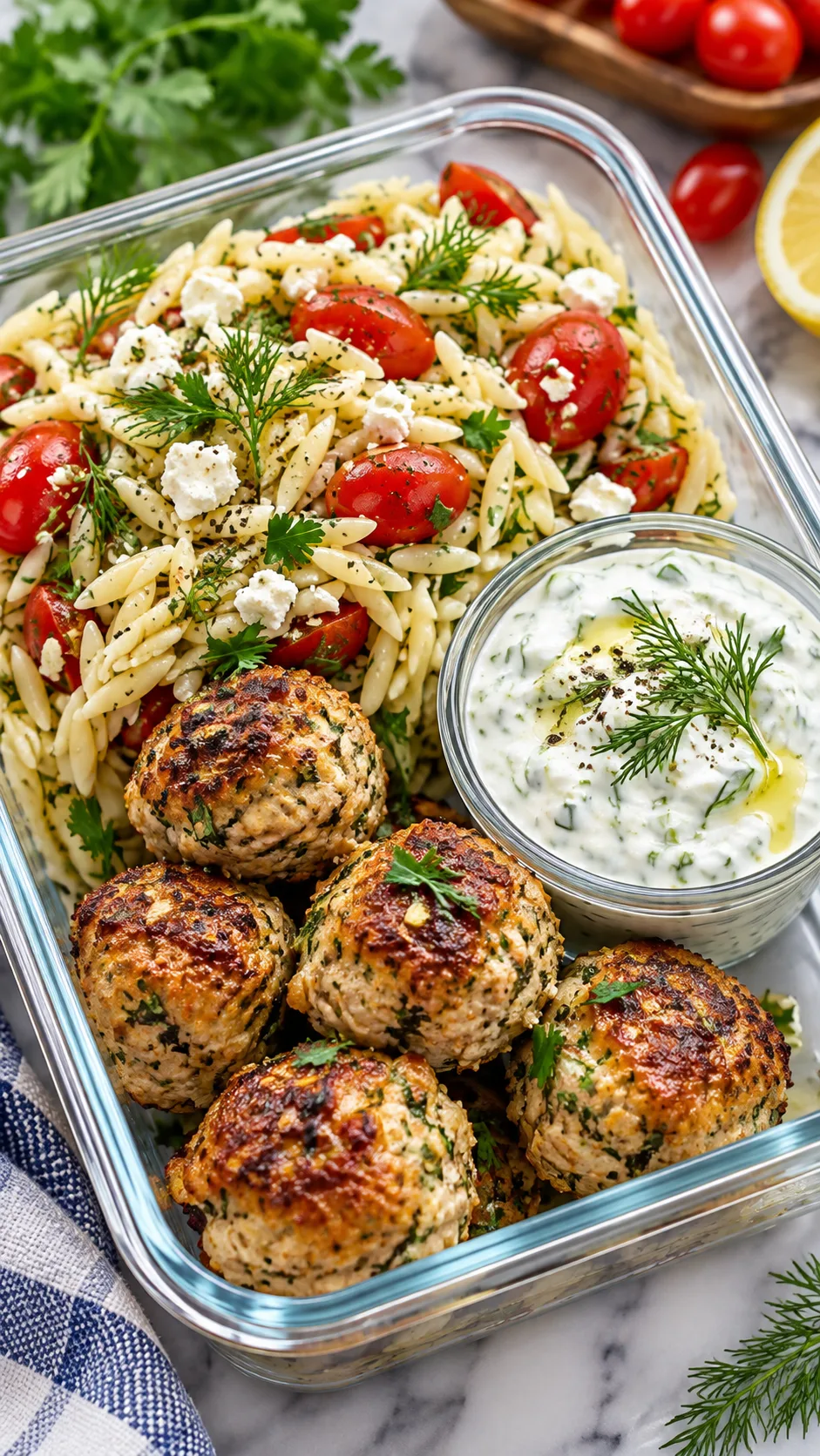 Plated glass lunch prep box containing baked golden brown Greek turkey meatballs, fresh herb orzo with red grape tomatoes, and a small side dish of creamy white tzatziki dip garnished with dill.