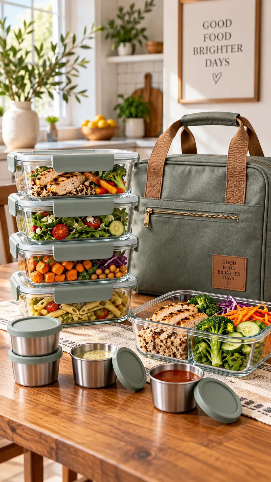 Clean, organized kitchen display of high-quality glass meal prep containers with silicone locking lids, stainless steel mini dressing cups, and an insulated lunch tote on a wooden dining table.