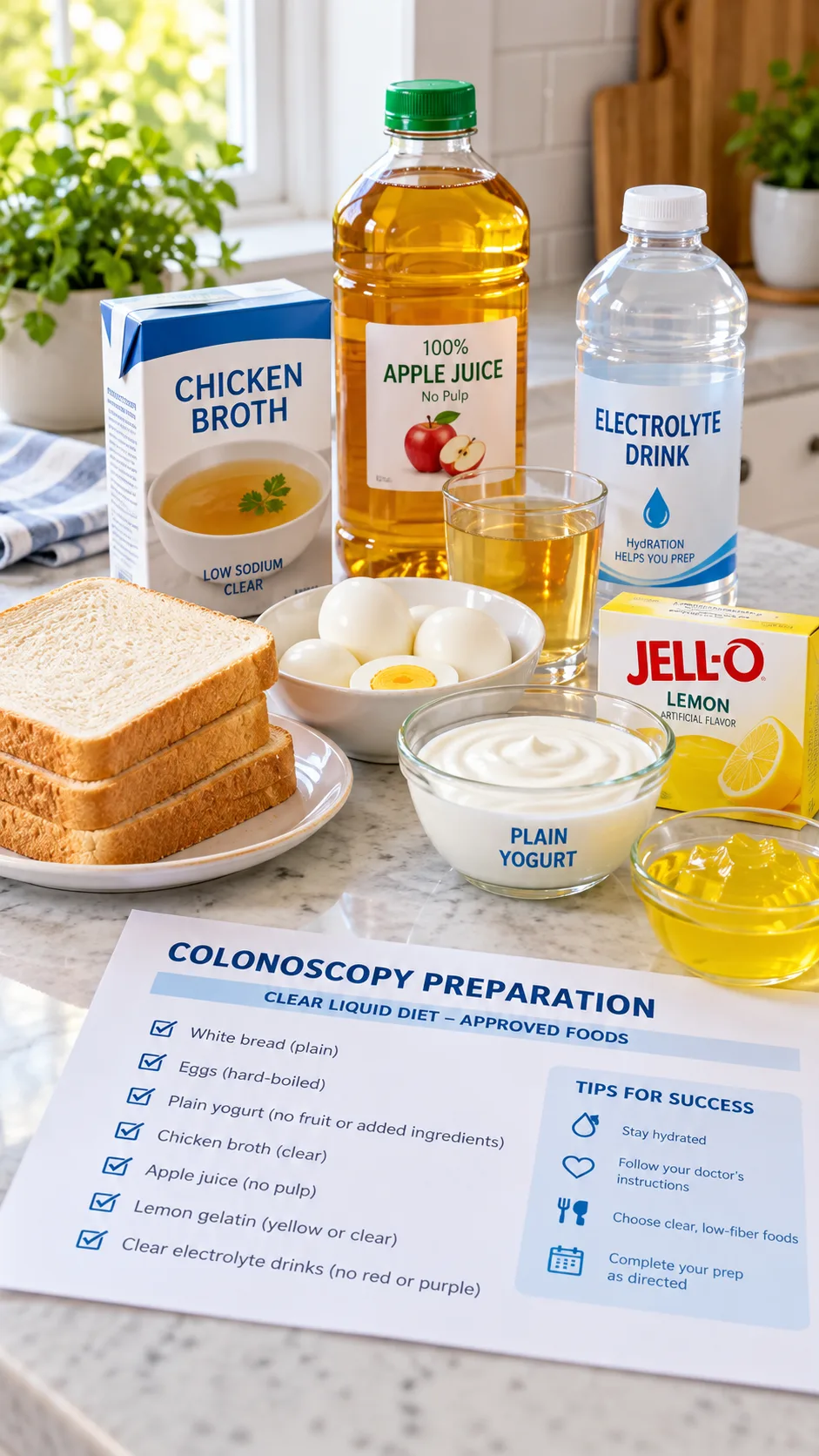 Bright natural-light kitchen counter with organized colonoscopy prep foods: white bread, eggs, plain yogurt, chicken broth, apple juice, lemon gelatin, clear electrolyte drink, and a printed medical instruction sheet; realistic editorial food photography, clean and reassuring mood
