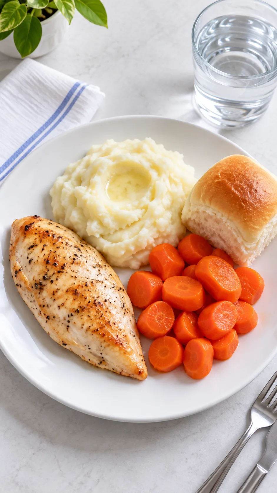 Realistic overhead photograph of a low-fiber colonoscopy prep meal on a white plate: baked chicken breast, mashed potatoes, cooked peeled carrots, white dinner roll, and glass of water; clean hospital wellness editorial style