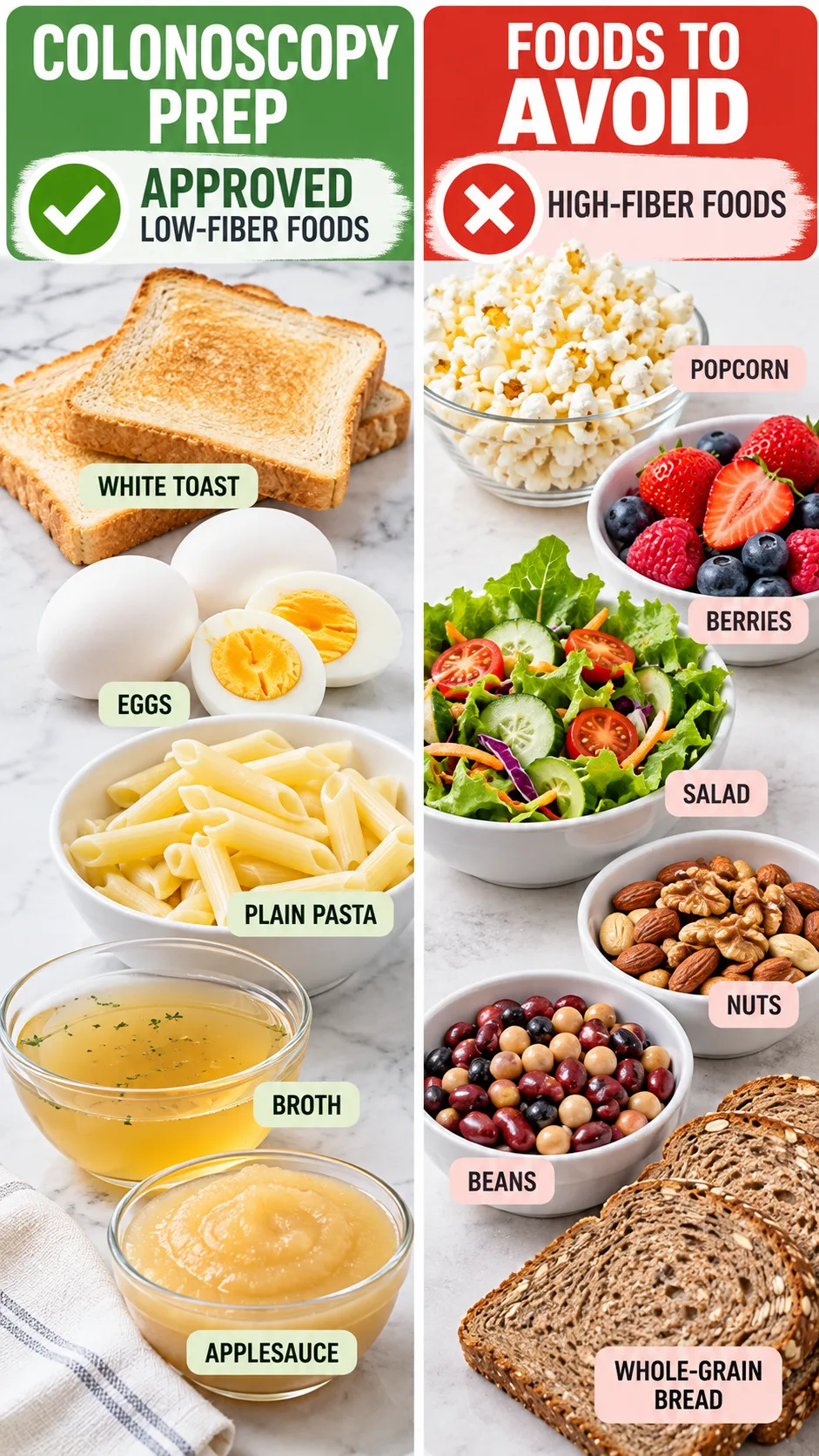 Split-screen realistic food photography for colonoscopy preparation: left side shows approved low-fiber foods such as white toast, eggs, plain pasta, broth and applesauce; right side shows foods to avoid including popcorn, berries, salad, nuts, beans and whole-grain bread, clear visual contrast, bright clean background