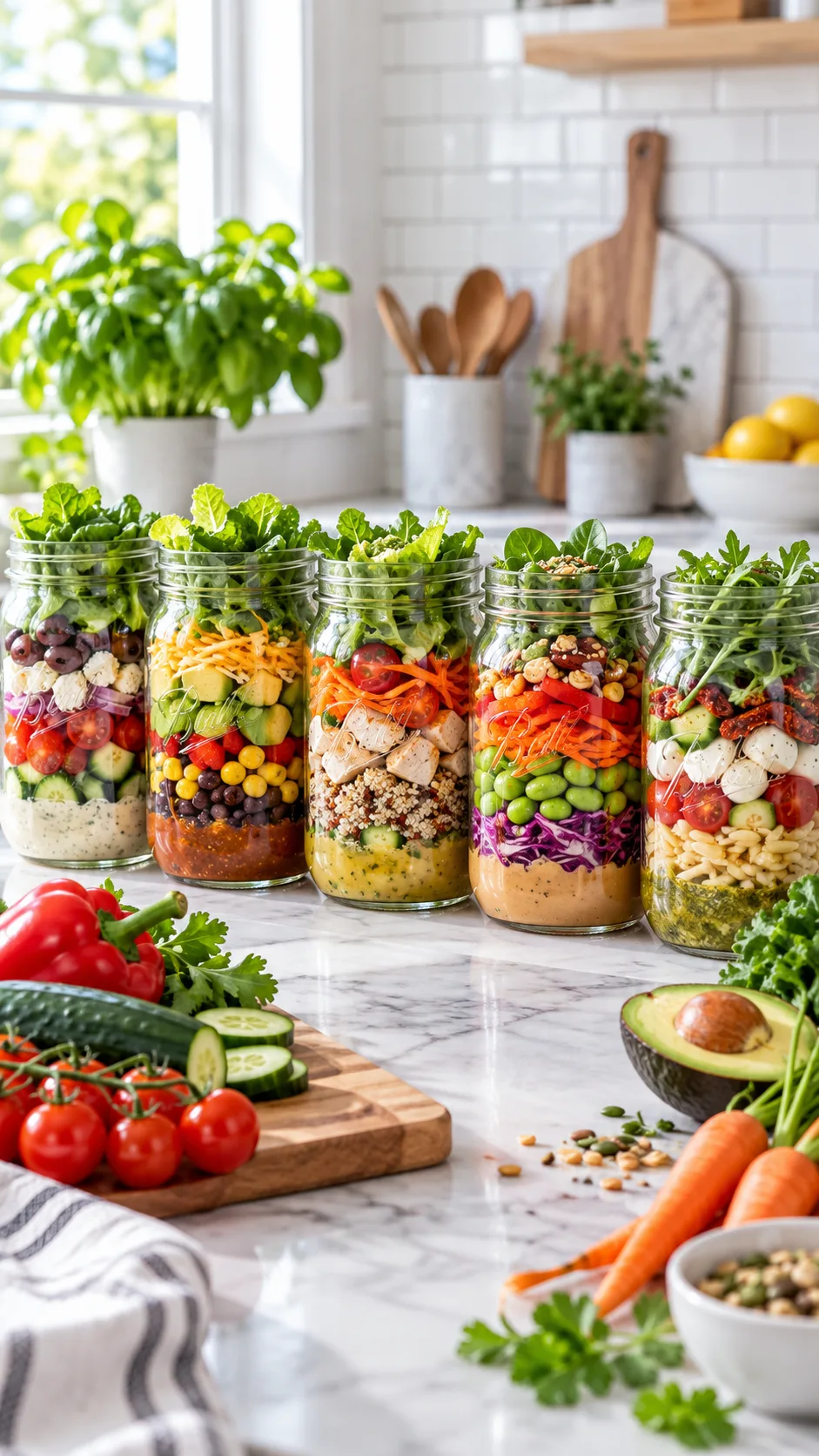 A line of five 32oz wide-mouth glass mason jars packed with vibrant, crisp meal prep salads, showing clear layered ingredients from bottom dressing to top dry greens, sitting on a bright modern kitchen marble countertop with fresh whole vegetables around them, shot in bright natural daytime light, crisp depth of field