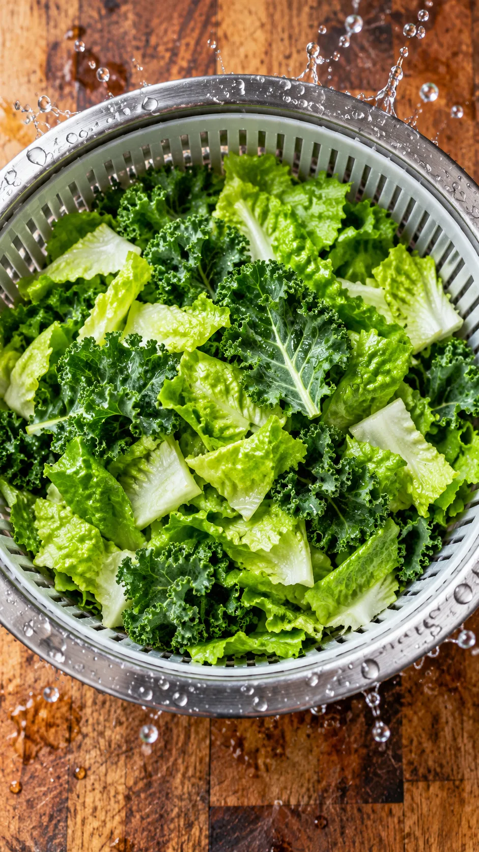 Close up overhead shot of a stainless steel salad spinner full of freshly spun, bone-dry vibrant green chopped romaine and baby kale leaves on a rustic wooden butcher block, water droplets flying off the spinner rim, professional culinary photography