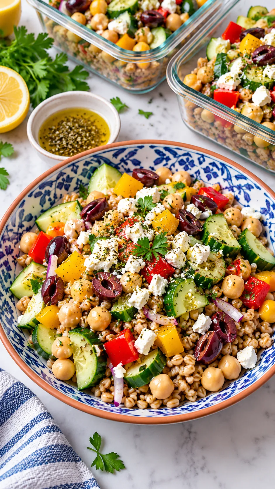 A vibrant Mediterranean chickpea meal prep salad bowl filled with crisp cucumbers, kalamata olives, diced bell peppers, farro, and crumbled feta cheese, dressed lightly on a bright ceramic plate with lunch prep glass containers nearby