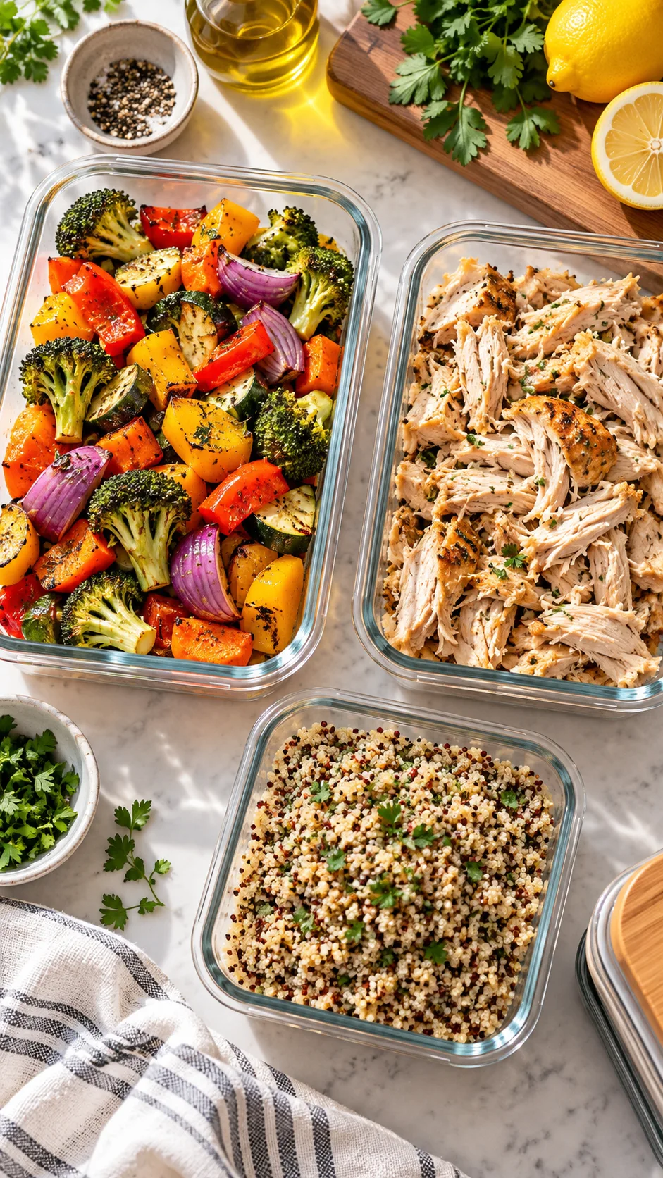 A clean, modern kitchen counter with several glass storage containers holding colorful roasted veggies, pulled rotisserie chicken, and cooked quinoa, bright natural light, top-down view, cozy home cooking lifestyle photography