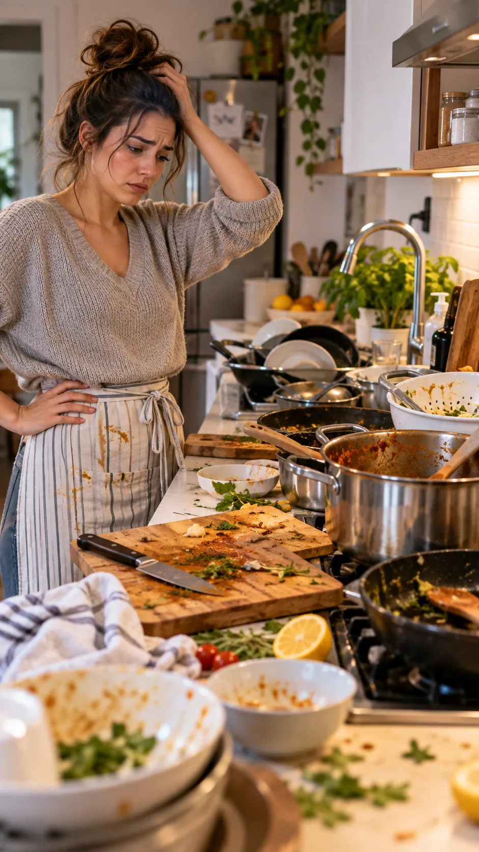 A frustrated person looking at a messy kitchen full of pots and dirty cutting boards after a long cooking session, relatable candid modern style