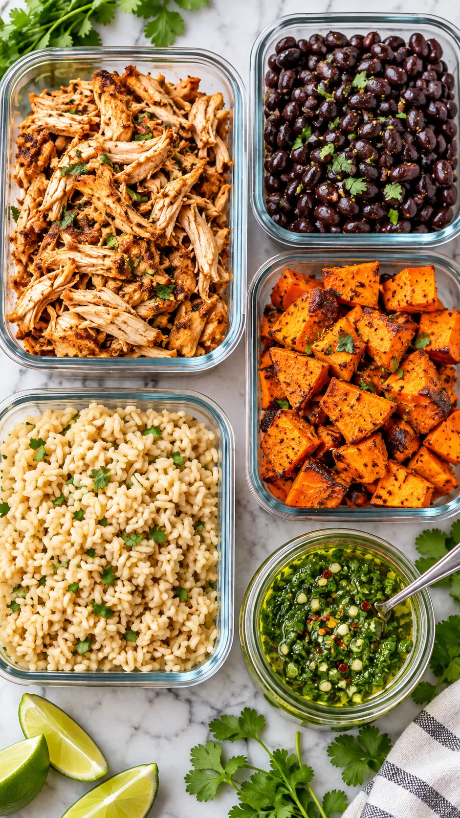 Overhead flat lay of meal prep components separated in glass containers: pulled chicken, black beans, roasted sweet potatoes, brown rice, and a jar of homemade vibrant green chimichurri sauce