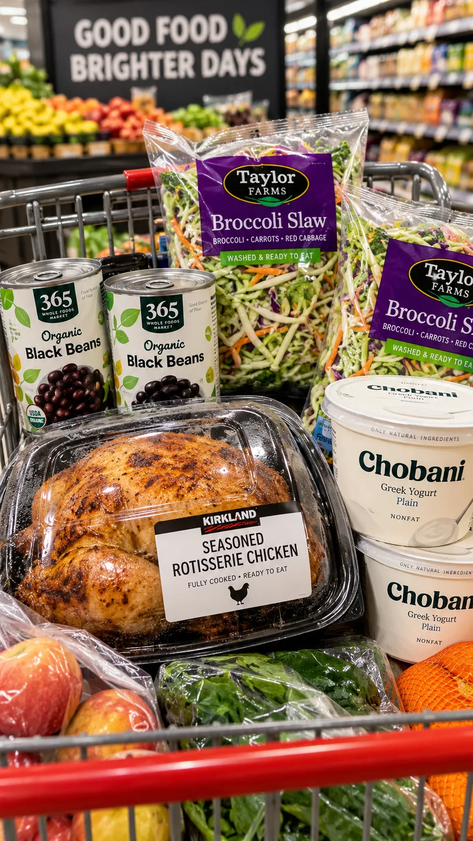 Shopping cart filled with healthy convenience items: rotisserie chicken container, canned black beans, bags of pre-cut broccoli slaw, and Greek yogurt tubs, supermarket aesthetic