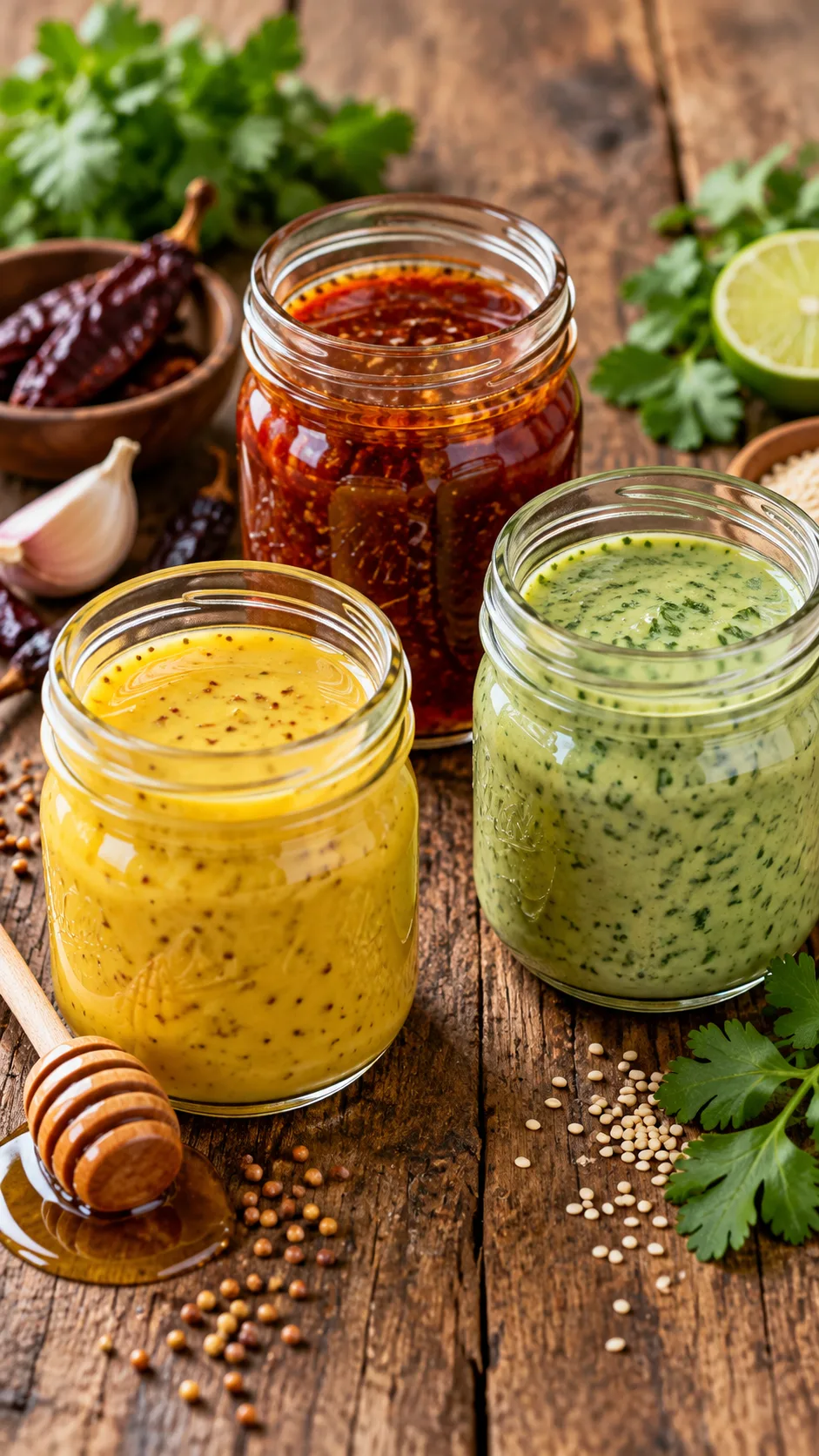 Three small mason jars containing different colorful dressings: yellow honey mustard, deep red spicy chipotle vinaigrette, and creamy herb green tahini sauce on a rustic wooden table