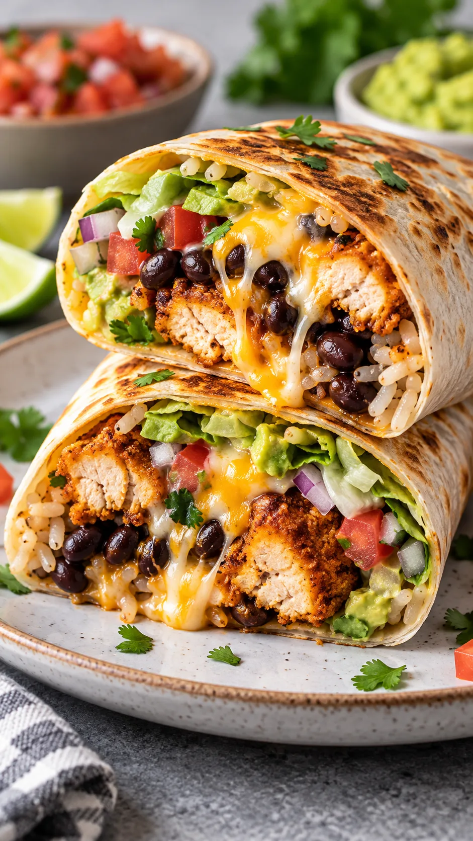 A delicious homemade crispy chicken and black bean burrito wrap sliced in half, showing melting cheese and fresh ingredients inside, served on a modern ceramic plate