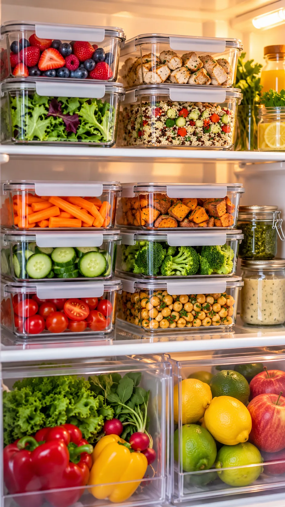 Stacked clear glass food containers filled with fresh, vibrant ingredients organized neatly inside a clean, modern refrigerator, interior view with soft warm lighting