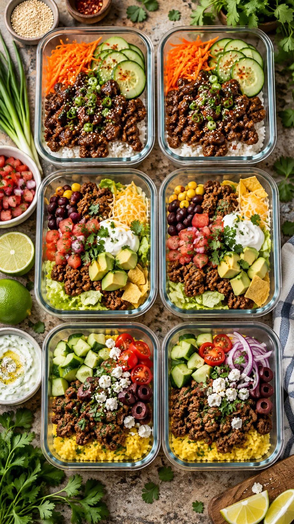 Overhead food photography of neatly arranged glass meal prep containers filled with colorful ground beef dishes including Korean beef bowls, taco bowls, and Mediterranean beef over yellow rice, surrounded by fresh herbs and sliced lime on a rustic kitchen counter