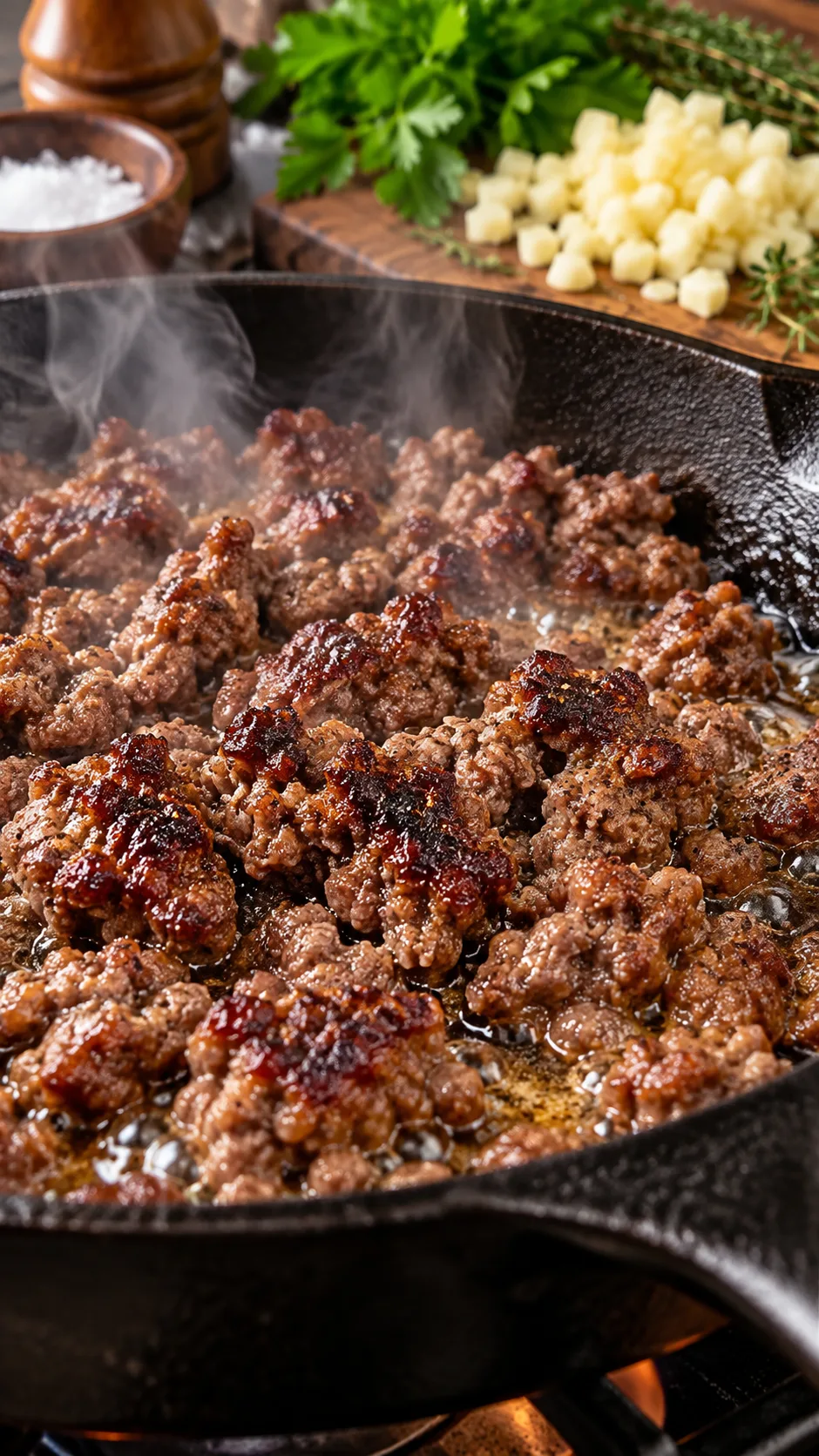 Close-up macro shot of ground beef searing vigorously in a smoking cast-iron skillet, showcasing a deep golden-brown crust and sizzling juices, with fresh diced garlic and herbs nearby