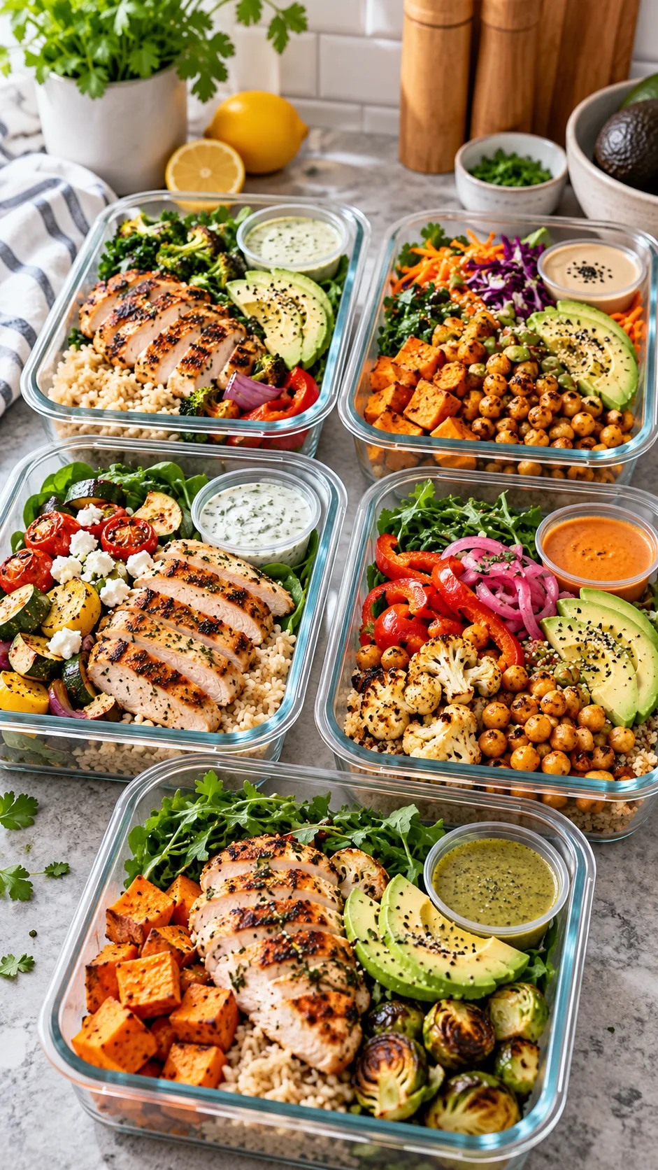 Bright natural-light food photography of five colorful healthy meal prep lunch containers arranged on a kitchen counter, each with grilled chicken or chickpeas, brown rice or sweet potato, roasted vegetables, greens, avocado, and small sauce containers, realistic home meal prep setting