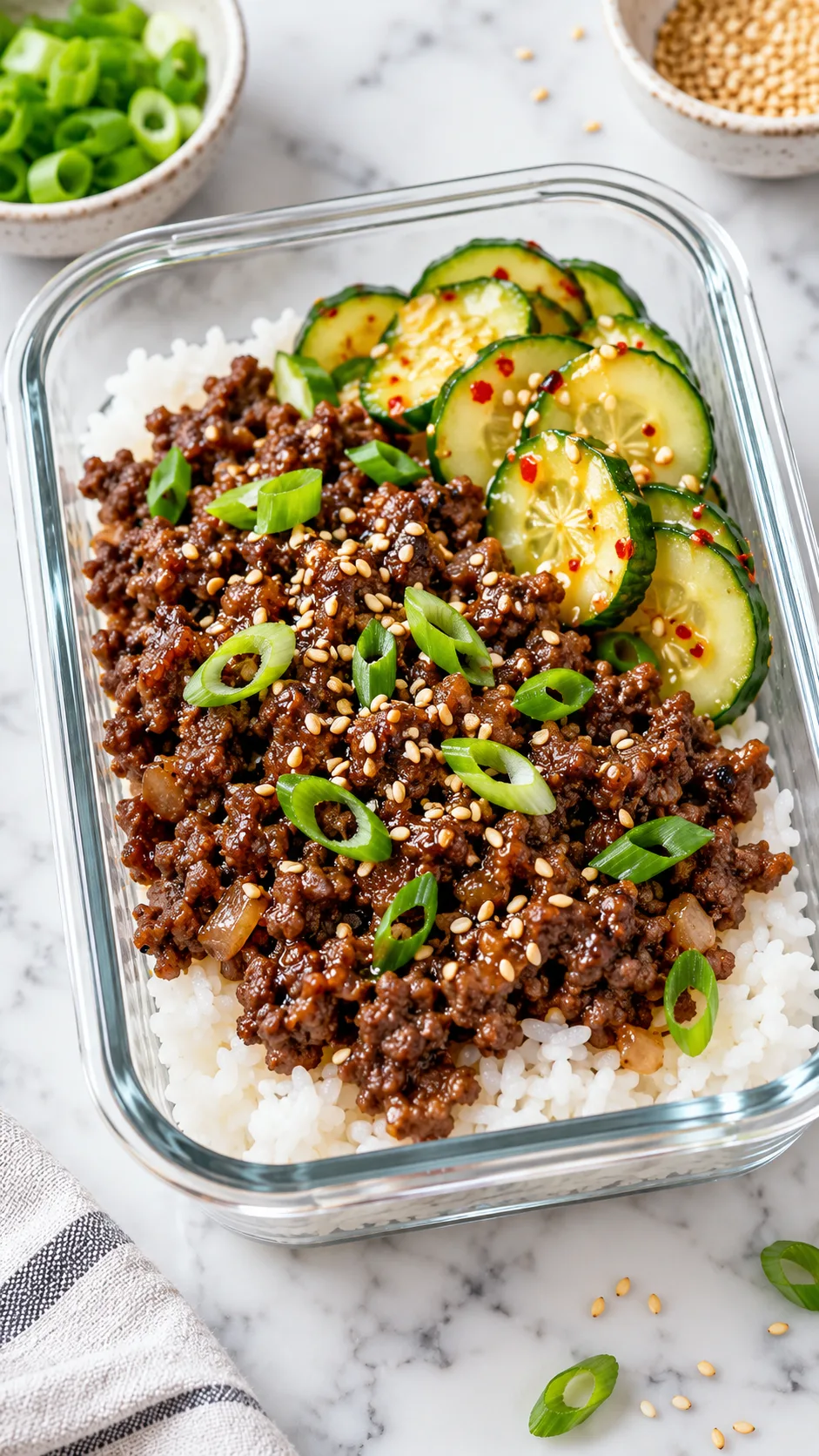 A delicious Korean ground beef bowl with sesame seeds, sliced scallions, and quick-pickled cucumber slices over steamed white rice, presented in a meal prep container on a clean marble surface