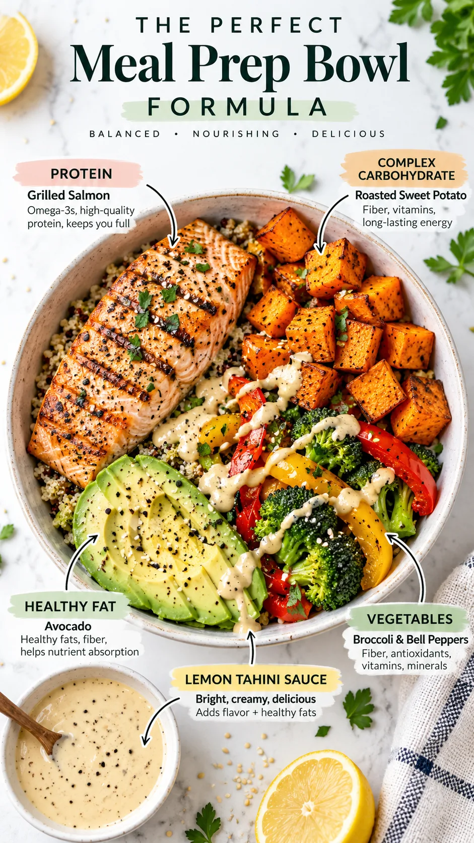 Overhead instructional food photography showing a healthy meal prep bowl formula in separate labeled sections: grilled salmon protein, roasted sweet potato complex carbohydrate, broccoli and bell peppers vegetables, avocado healthy fat, and lemon tahini sauce, clean bright background