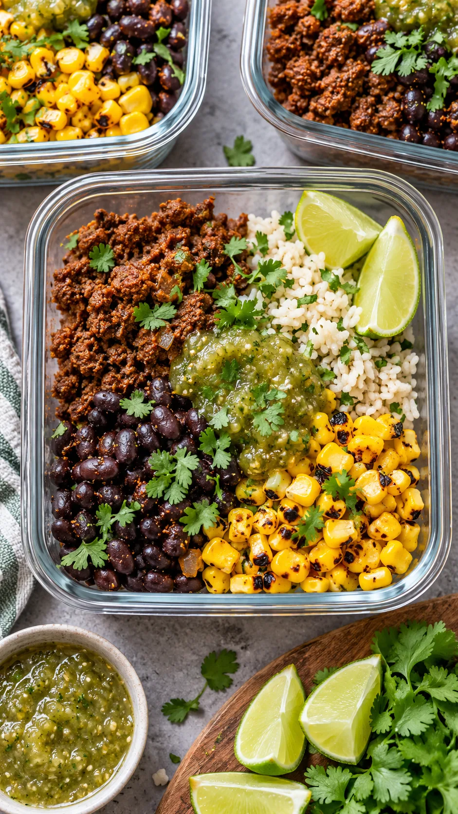 Overhead view of a Mexican style taco meal prep bowl with seasoned ground beef, black beans, sweet charred corn, salsa verde, and fresh cilantro lime wedges in clean meal prep containers