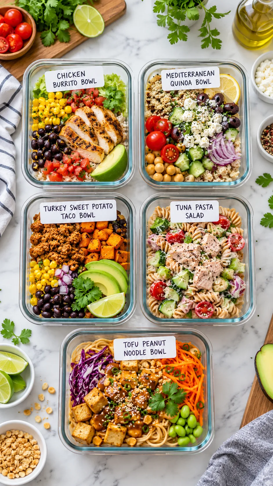 Realistic overhead photography of five different healthy lunch meal prep containers: chicken burrito bowl, Mediterranean quinoa bowl, turkey sweet potato taco bowl, tuna pasta salad, and tofu peanut noodle bowl, colorful fresh ingredients, meal prep labels, bright kitchen setting