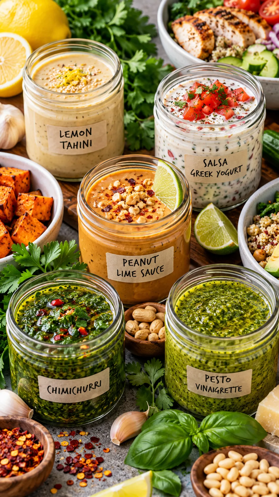 Close-up food photography of colorful homemade meal prep sauces in small glass jars: lemon tahini, salsa Greek yogurt, peanut lime sauce, chimichurri, and pesto vinaigrette, surrounded by lemons, herbs, garlic, chili flakes, and bowls of healthy lunch ingredients