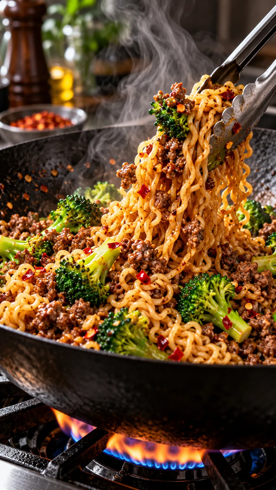 A steaming wok filled with ground beef, ramen noodles, bright green broccoli florets, and red chili flakes being tossed with metal tongs, dramatic kitchen lighting